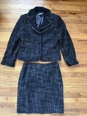 Ann Taylor Tweed Wool Skirt Suit Set Fringe Trim Black White Sz 14 (Runs Small)